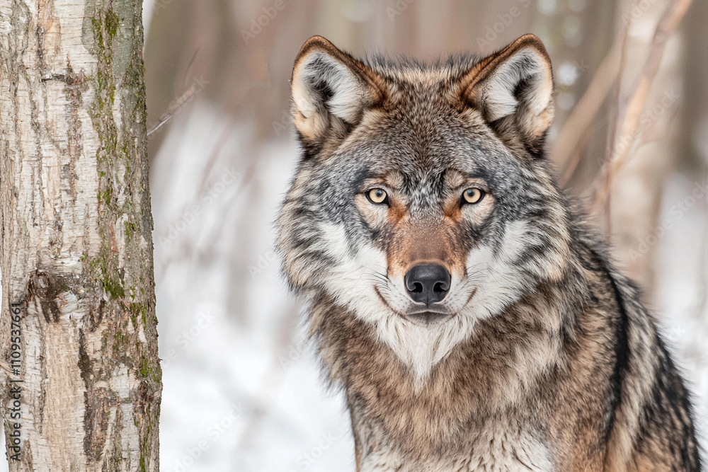 Wolf in forest during winter with focused expression Wolf in forest during winter with focused expression
