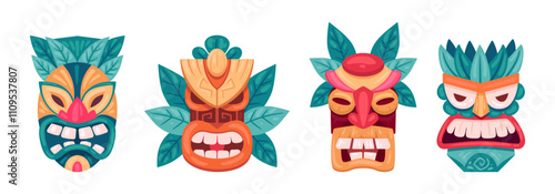 African tribal masks. Ritual wooden aztec or african idols, ethnic colorful masks flat vector illustration set. Cartoon ceremonial hawaiian tiki totems