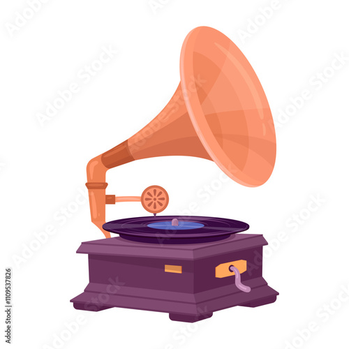 Antique music gramophone. Vintage audio device for listening music, retro gramophone flat vector illustration. Nostalgic gramophone player on white background