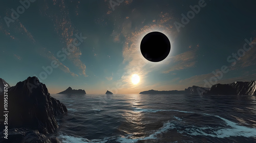 Solar eclipse panoramic view of the sky while the moon blocks the sun. Eclipse. Illustration photo