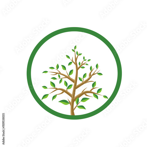 Vector illustration of a simple tree logo surrounded by a green circle, symbolizing growth and nature. Ideal for environmental themes and eco-friendly brands. photo