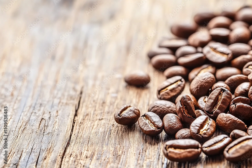 Freshly roasted coffee beans scattered on rustic wooden table Freshly roasted coffee beans scattered on rustic wooden table