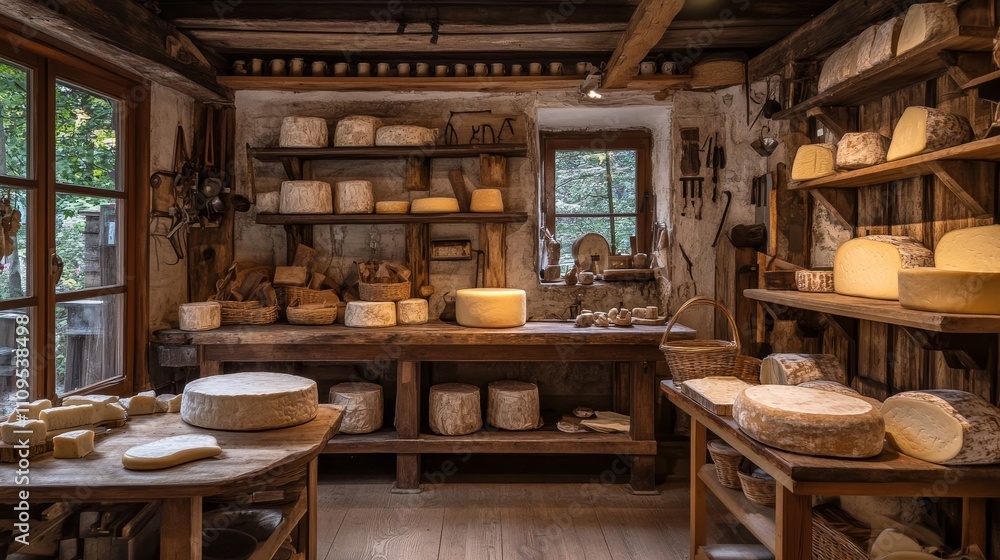 Rustic Charm: Aged Cheese in a Traditional Dairy - Aged cheese wheels, rustic dairy, wooden shelves, traditional tools, farmhouse setting. A perfect image for food blogs, cheesemakers, and rustic lif Rustic Charm: Aged Cheese in a Traditional Dairy - Aged cheese wheels, rustic dairy, wooden shelves, traditional tools, farmhouse setting. A perfect image for food blogs, cheesemakers, and rustic lif