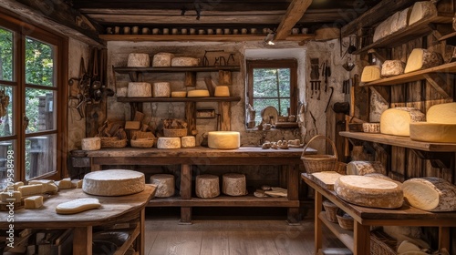 Rustic Charm: Aged Cheese in a Traditional Dairy - Aged cheese wheels, rustic dairy, wooden shelves, traditional tools, farmhouse setting. A perfect image for food blogs, cheesemakers, and rustic lif