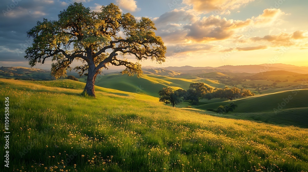 Fototapeta premium Rolling meadow with a lone tree standing tall under the warm glow of the evening sun