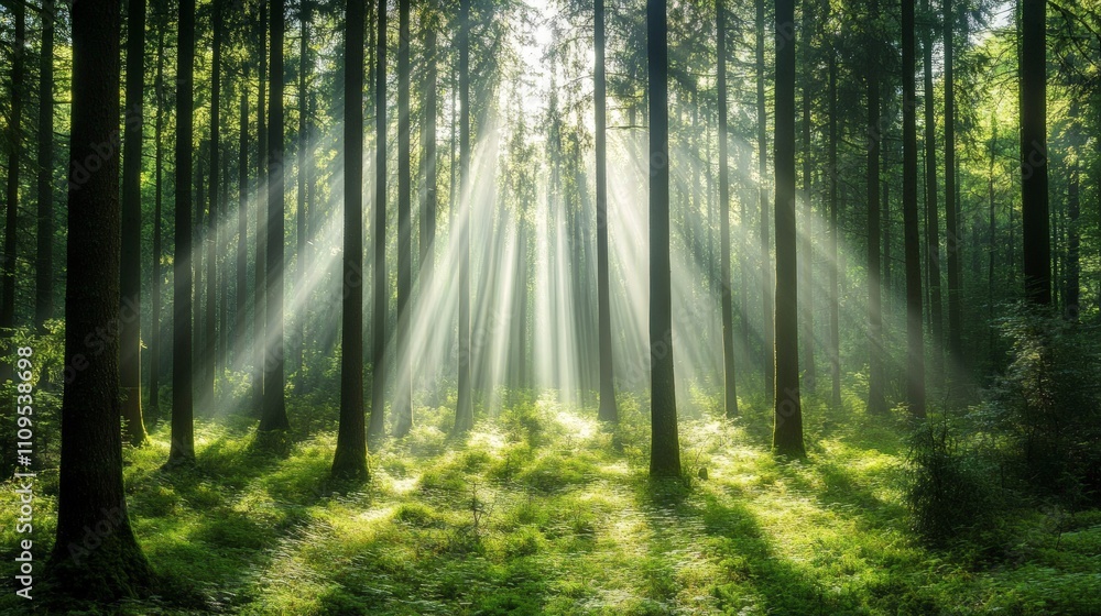 Enchanting Forest Serenity, a vibrant green forest bathed in soft sunlight, where dappled light creates a peaceful and magical ambiance among the towering trees Enchanting Forest Serenity, a vibrant green forest bathed in soft sunlight, where dappled light creates a peaceful and magical ambiance among the towering trees