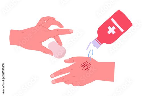 First aid for scratched human hand. Injured hand, damaged body skin, medical treatment for skin injury flat vector illustration. Cartoon injured human hand and medical treatment