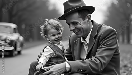 Smiling father and son bonding outdoors in retro black-and-white style