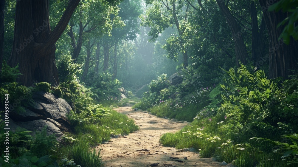 Fototapeta premium Serene Forest Path: A Tranquil Escape - Lush greenery, sunlight dappled path, tranquility, nature, serenity. Peaceful forest scene ideal for relaxation and escape.