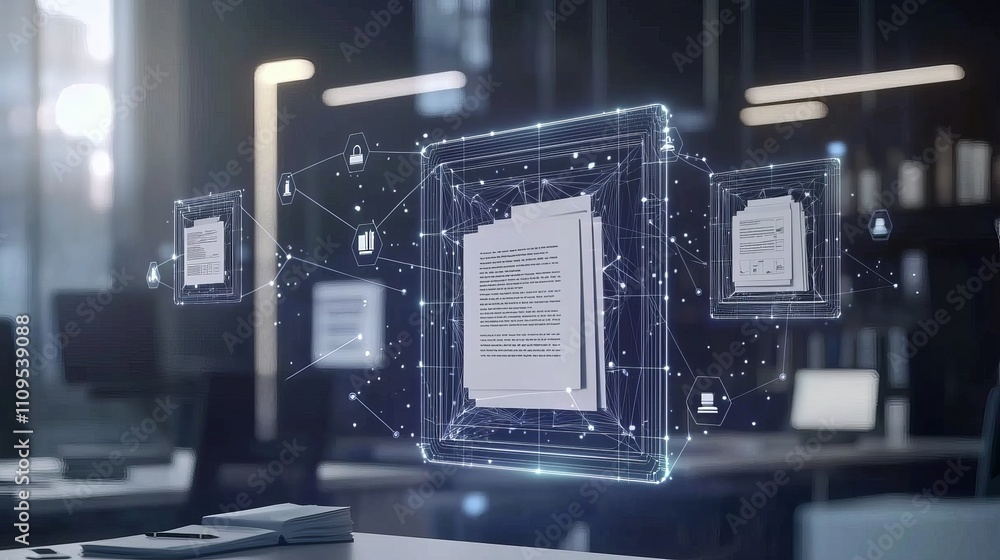Fototapeta premium Futuristic digital representation of documents interconnected through a network, symbolizing data management.