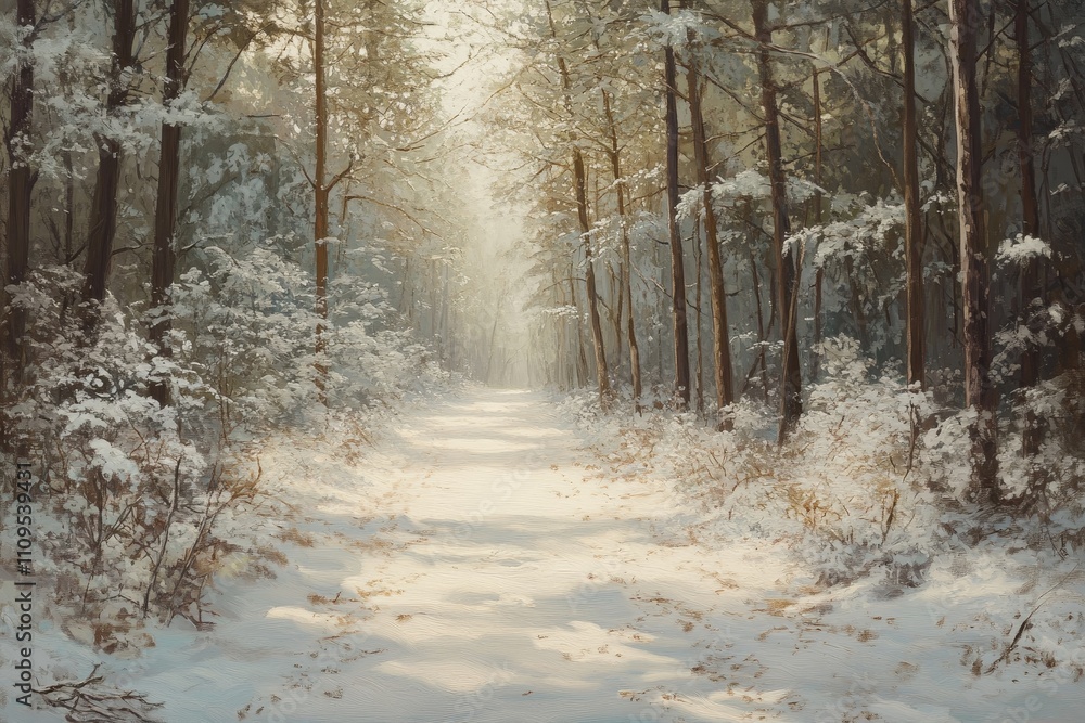 Serene Winter Forest Pathway - Enchanting snowy forest path, sunlight, winter wonderland, tranquility, nature. Serene Winter Forest Pathway - Enchanting snowy forest path, sunlight, winter wonderland, tranquility, nature.