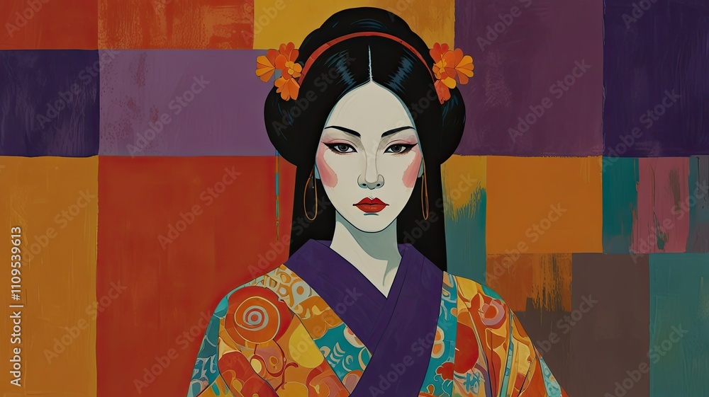 A woman dressed in intricate traditional attire stands confidently against a vibrant abstract background filled with bold colors and patterns A woman dressed in intricate traditional attire stands confidently against a vibrant abstract background filled with bold colors and patterns