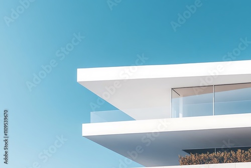 White simple architectural facade against blue sky for presentation with large concrete structures and clean lines, featuring a minimalistlook. photo