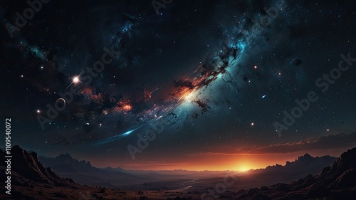 Wallpaper Mural A breathtaking view of a cosmic landscape showcasing vibrant galaxies glowing stars and a warm sunset illuminating rugged terrain Torontodigital.ca