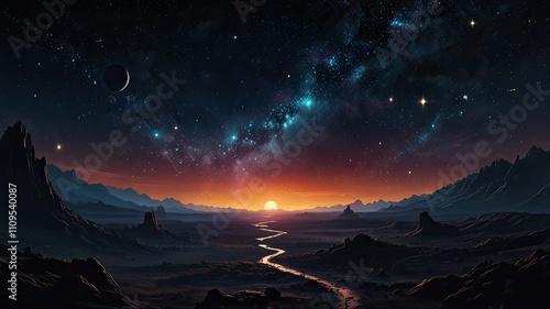 A breathtaking view of a cosmic landscape features a winding river reflecting the twilight sky packed with stars distant mountains silhouetted against the horizon