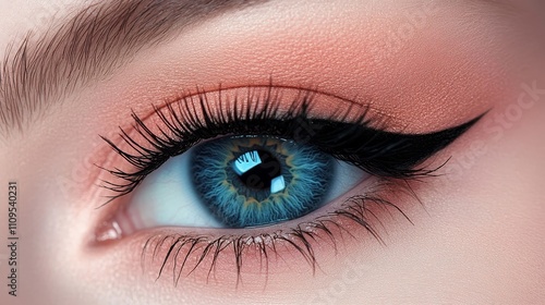 Stunning Blue Eyes with Peach Makeup - Close-up of a captivating blue eye, featuring natural makeup, eyeliner, and peach eyeshadow. Beauty, cosmetics, elegance, allure, and vision.