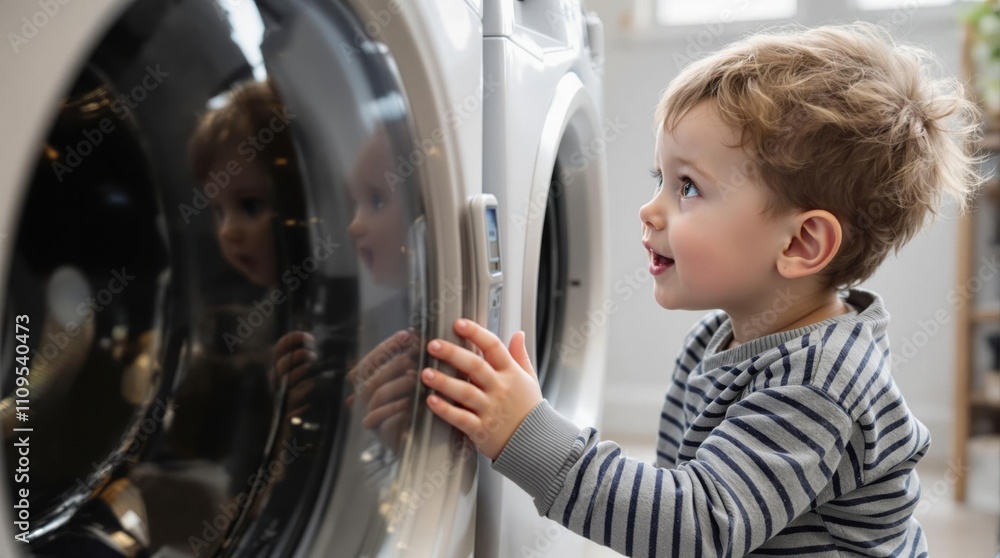Curious Toddler Watching Washing Machine with Fascination and Wonder Curious Toddler Watching Washing Machine with Fascination and Wonder