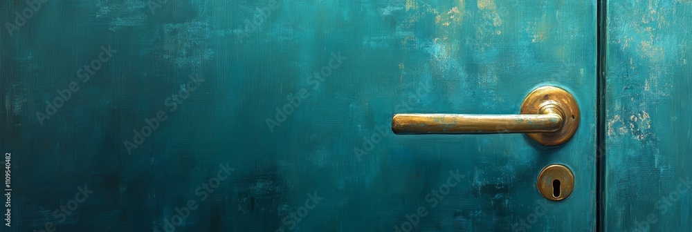 Obraz premium Teal Door with Brass Handle - A lone brass door handle on a distressed teal door, symbolizing mystery, elegance, access, security, and transition.