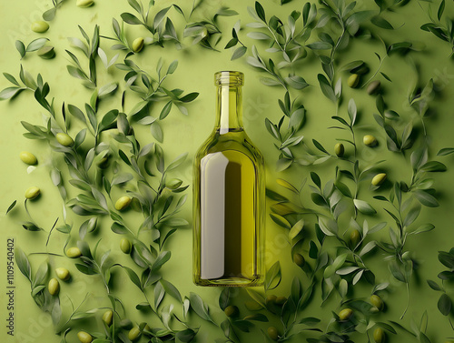 Olives and leaves twisting around glass olive oil bottle on green packground photo