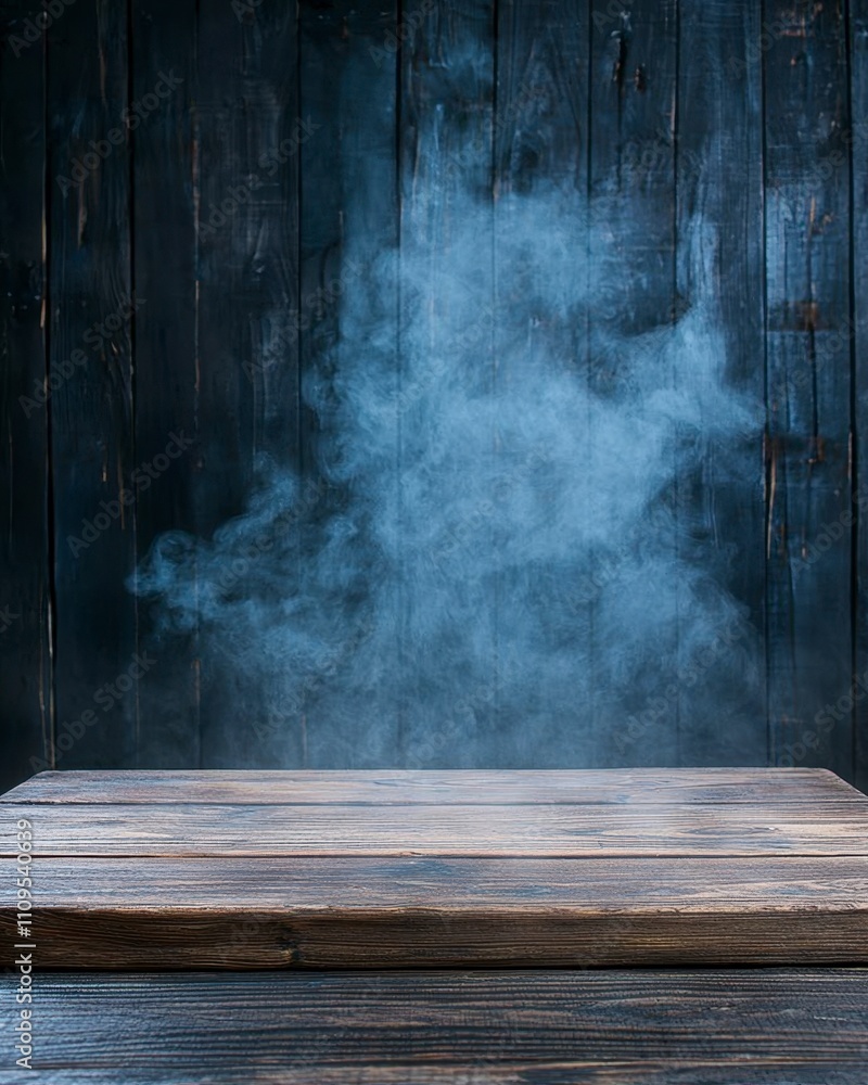 Dark wooden table with smoke effect against a rustic wooden background.