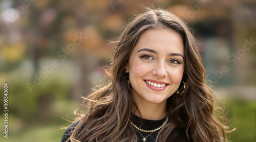 happy young woman smiling brightly outdoors, showcasing natural beauty and joy in a candid lifestyle moment with vibrant surroundings