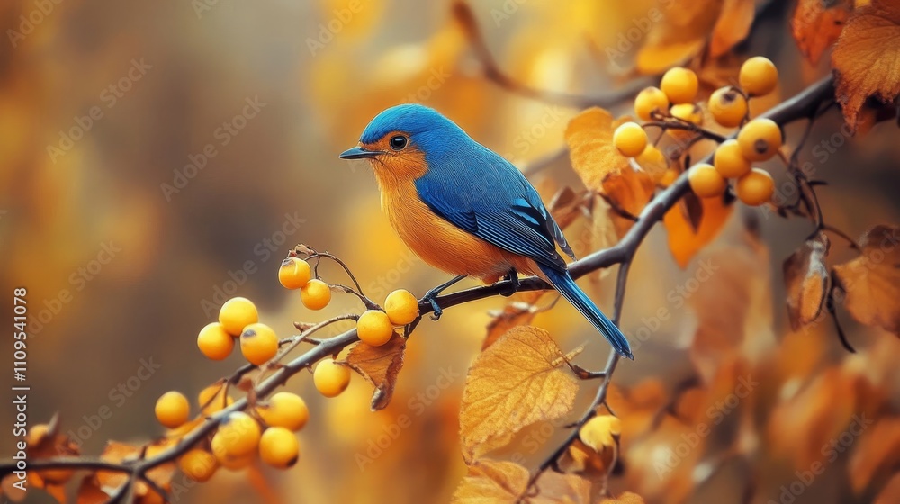 Vibrant Blue Bird on Autumn Branch - A stunning blue bird perches on a branch laden with golden berries, symbolizing autumn, serenity, nature, beauty, and freedom. Vibrant Blue Bird on Autumn Branch - A stunning blue bird perches on a branch laden with golden berries, symbolizing autumn, serenity, nature, beauty, and freedom.