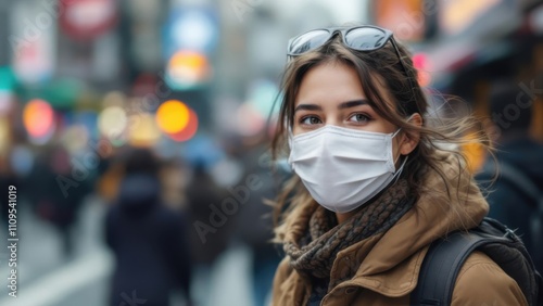 woman wearing a protective face mask outdoors in a public space, highlighting health, safety, and social responsibility in a modern world