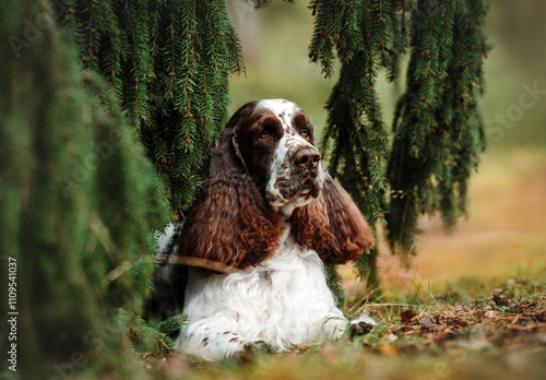 Beautiful English Springer Spaniel in forest setting photo