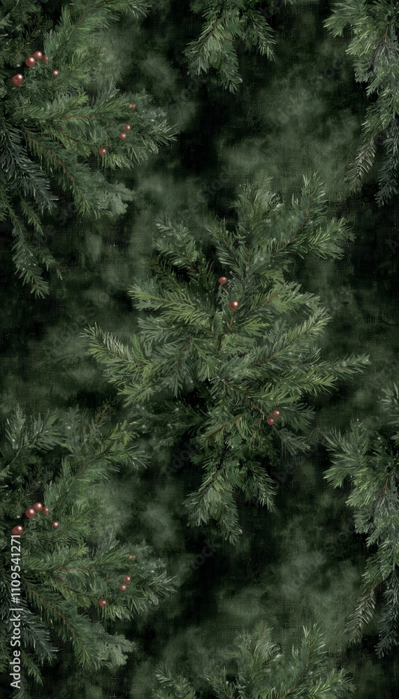 Dense green foliage with hints of red berries, evoking a festive atmosphere. Dense green foliage with hints of red berries, evoking a festive atmosphere.
