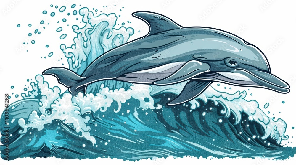 Fototapeta premium A stylized dolphin leaping over ocean waves in vibrant colors.