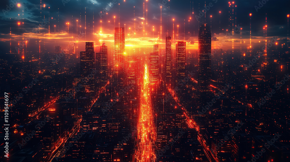 Naklejka premium Urban skyline illuminated by a vibrant sunset and cascading light effects over a busy metropolis. Generative AI