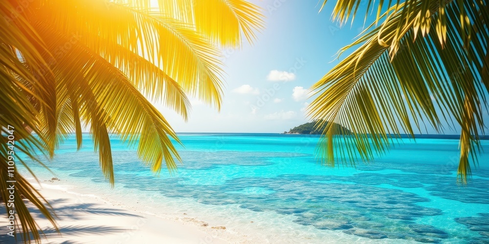 Obraz premium A Tranquil Tropical Paradise with Sun-Kissed Palm Trees Framing Turquoise Waters and a Sandy Beach