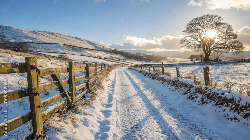 A peaceful countryside road covered in snow, with rustic wooden fences and distant hills. Christmas A peaceful countryside road covered in snow, with rustic wooden fences and distant hills. Christmas