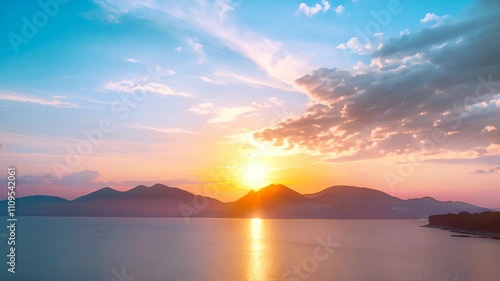 Sunset Over Mountains and Sea