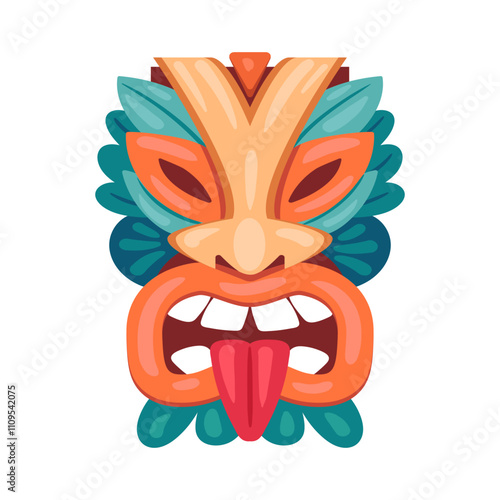 Wooden tribal mask. Ceremonial aztec or african idol, ritual african or hawaiian wooden ceremonial mask flat vector illustration. Cartoon ethnic tiki totem