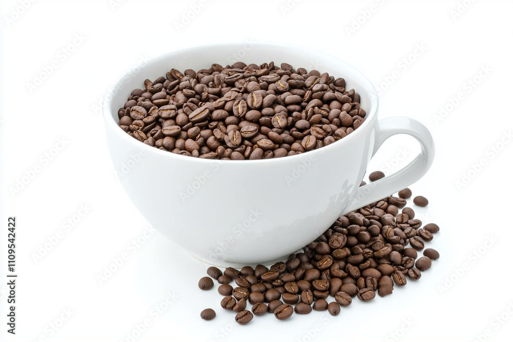 Fototapeta premium Coffee beans overflow from a large white cup on a bright background