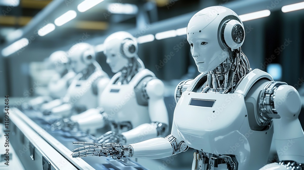 Fototapeta premium Robots handling repetitive tasks in a smart factory environment.