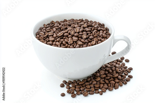 Coffee beans overflow from a large white cup on a bright background