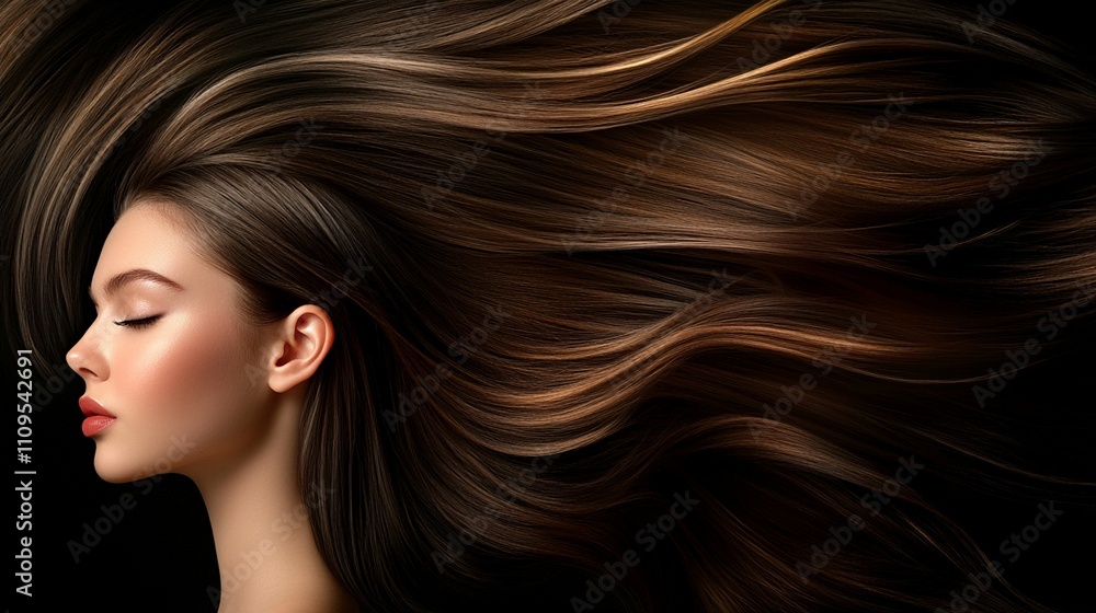 Profile portrait of a young woman with flowing brown hair against black background, showcasing perfect skin, red lips, and silky smooth hair strands in motion. Profile portrait of a young woman with flowing brown hair against black background, showcasing perfect skin, red lips, and silky smooth hair strands in motion.