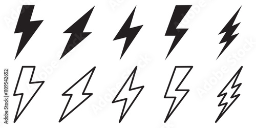 Black lightning bolt icon vector set illustration.