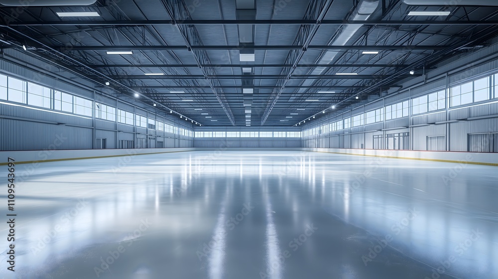 Industrial-style indoor ice skating rink with metal beams and bright windows Industrial-style indoor ice skating rink with metal beams and bright windows