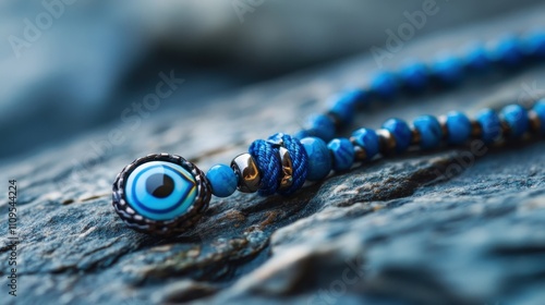 Beautiful Blue Beaded Necklace with Evil Eye Charm photo