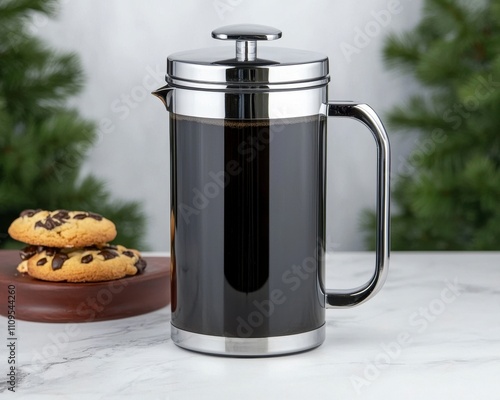 French press coffee maker with chocolate chip cookies. photo