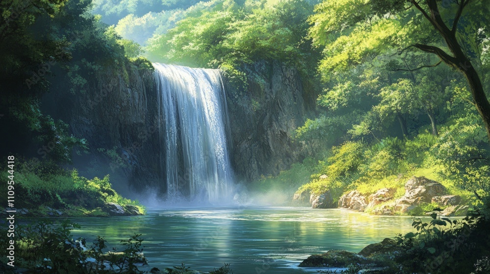 Tranquil Waterfall Retreat, a serene cascade flows into a calm pool, embraced by vibrant foliage, creating a peaceful oasis for relaxation and rejuvenation. Tranquil Waterfall Retreat, a serene cascade flows into a calm pool, embraced by vibrant foliage, creating a peaceful oasis for relaxation and rejuvenation.