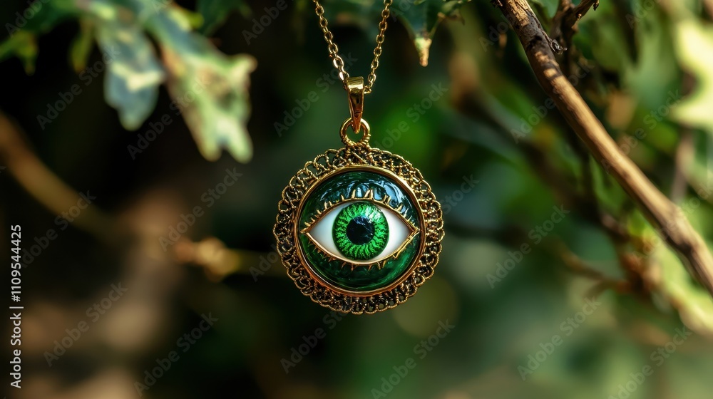 Green Eye Pendant Necklace Hanging in Nature Green Eye Pendant Necklace Hanging in Nature
