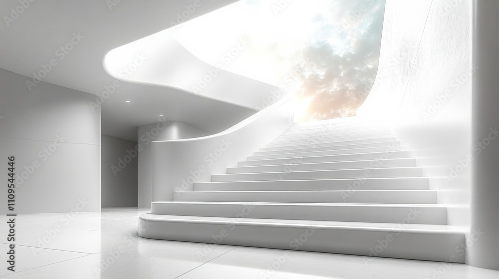 Obraz premium Modern Architectural Staircase with Soft Light and Cloudy Sky, Bright Futuristic Interior Design Emphasizing Minimalism and Elegance