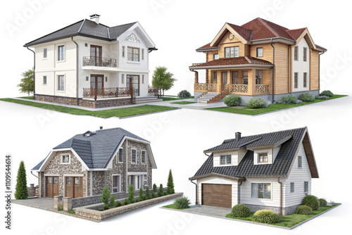 A collection of realistic 3D houses representing real estate, construction, rental, sale, and security. 3D rendering on a white background