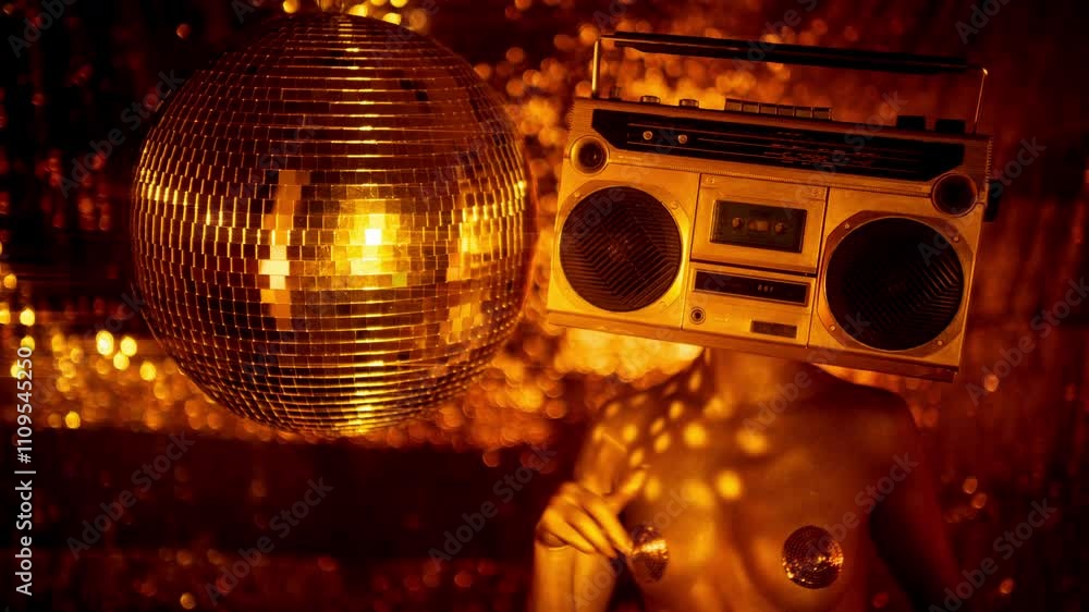gold body painted burlesque dancer with boombox head gold body painted burlesque dancer with boombox head