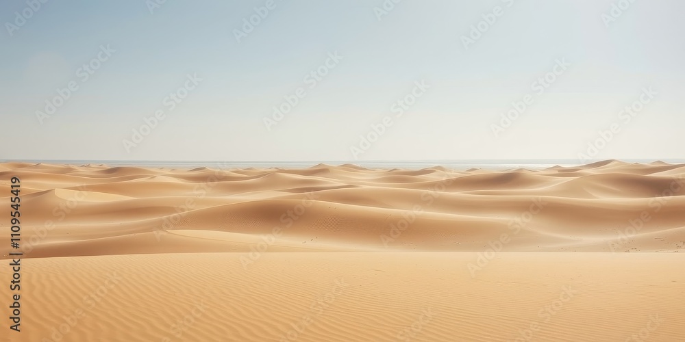 A vast expanse of sand dunes stretches towards the horizon, revealing a sliver of blue sky and a distant glimmer of water. A vast expanse of sand dunes stretches towards the horizon, revealing a sliver of blue sky and a distant glimmer of water.