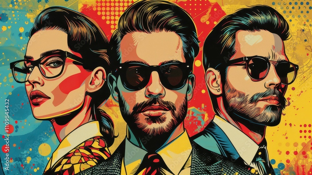 A vibrant pop-art style illustration featuring three stylish individuals wearing sunglasses, exuding confidence and sophistication against a colorful backdrop. A vibrant pop-art style illustration featuring three stylish individuals wearing sunglasses, exuding confidence and sophistication against a colorful backdrop.